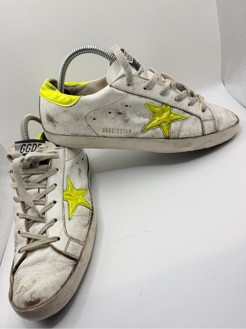 Golden Goose Men's White Leather Superstar Sneakers with Neon Yellow Star Accent